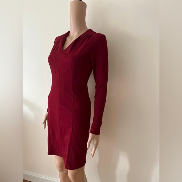 New Solid Red Elegant Long Sleeve V Neck Office Cocktail Party Dress, Small - Picture 2 of 10
